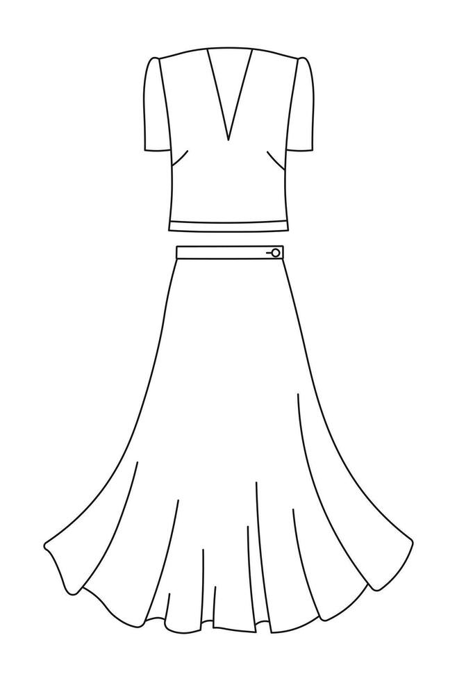 Blouse and skirt silhouette, sketch womens suit, wardrobe vector