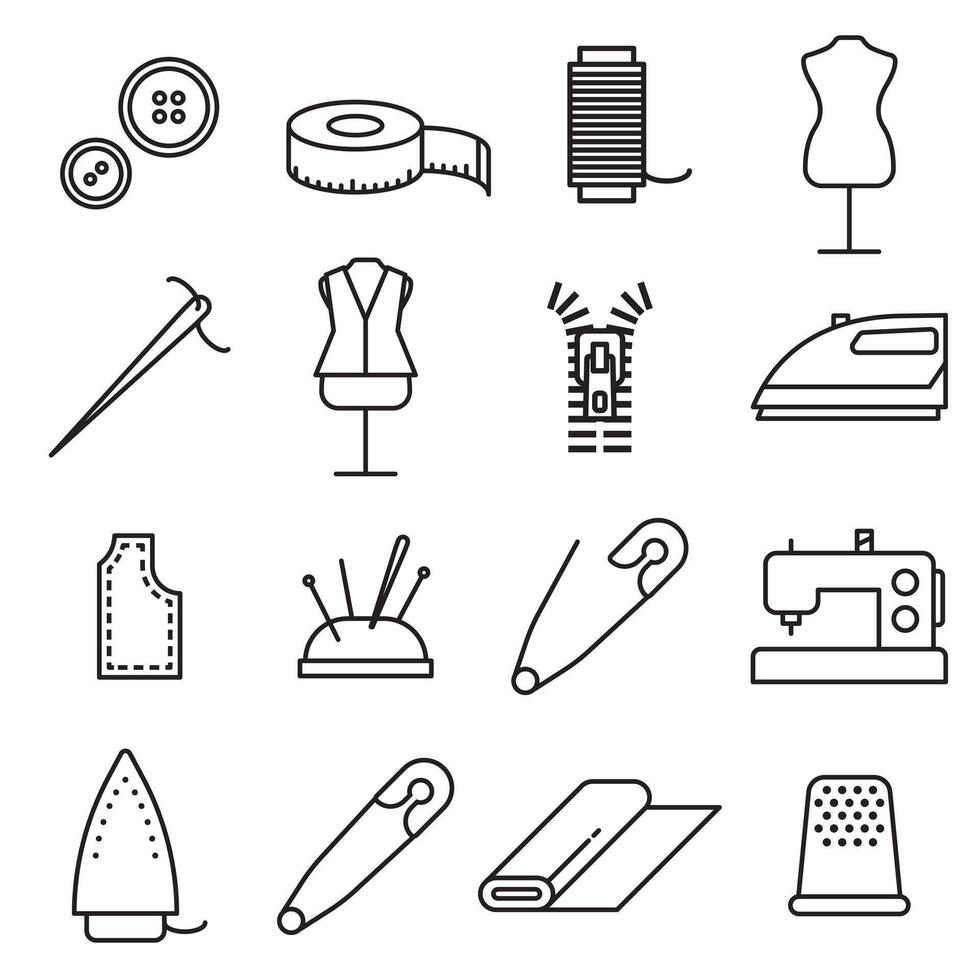 Sewing and Needlework Tool Thin Line Icon Set. illustration vector