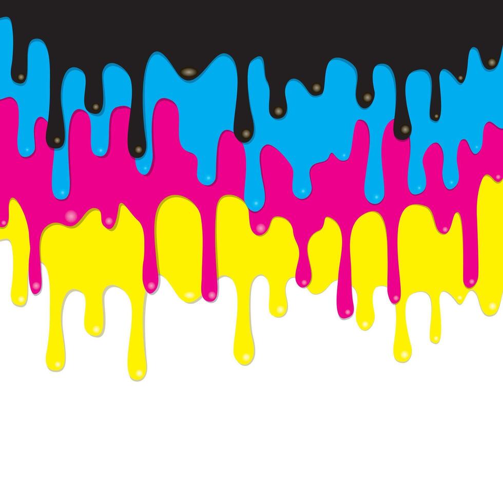 Dripping ink CMYK stain. Liquid ink, paint drip vector