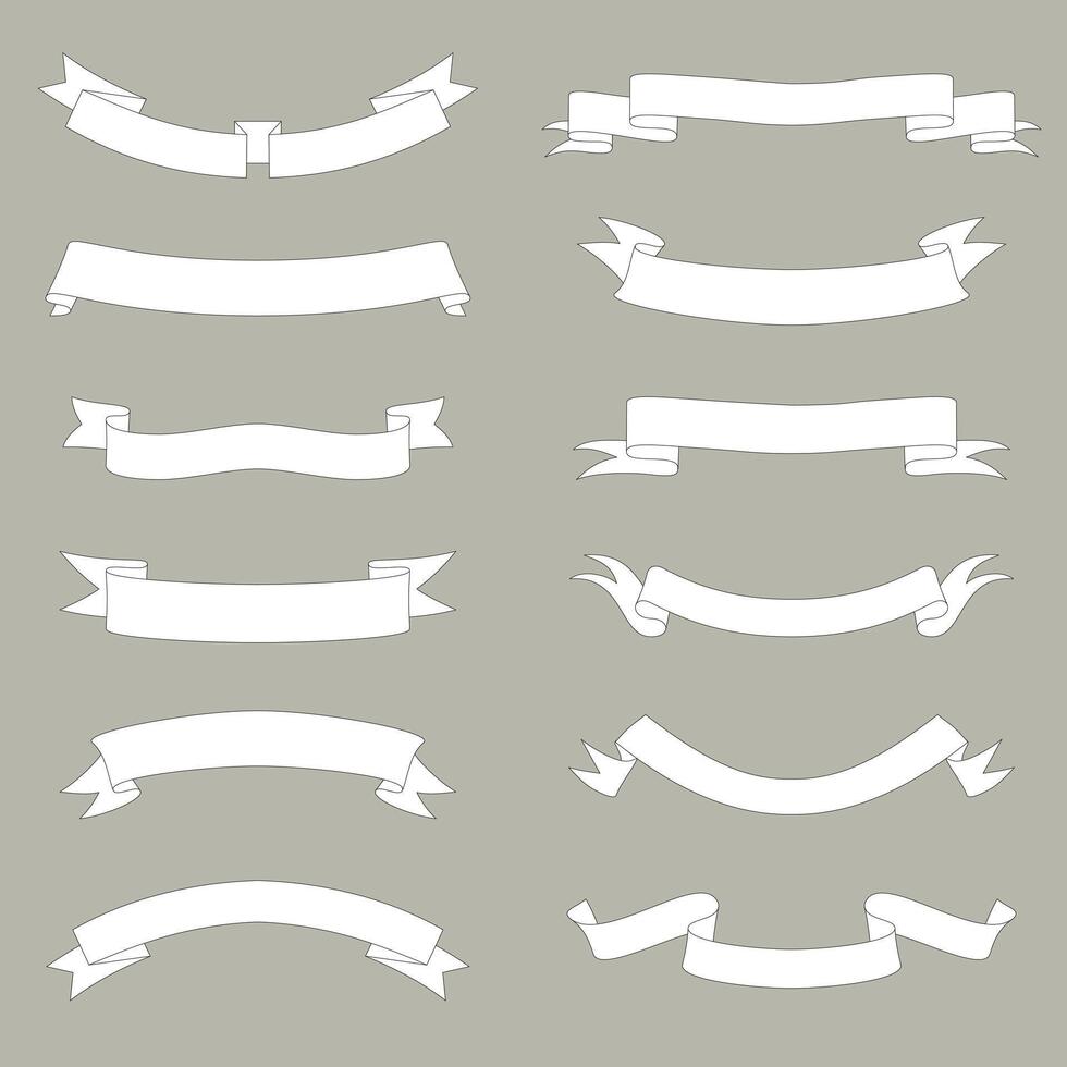 Ribbon thin line icon set. Outline sign kit of text banner. Decorative Tape linear icons of vintage flag, graphic badge. Editable line vector