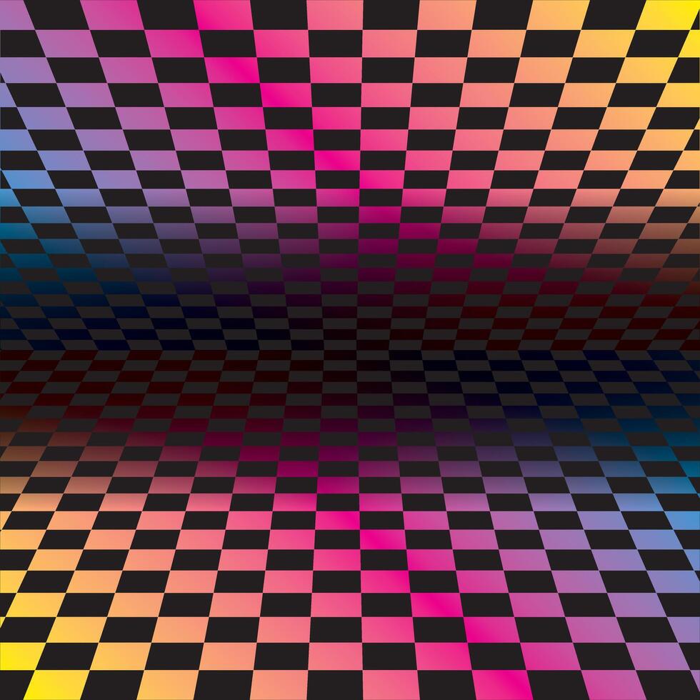 Colored grids background pattern. Rainbow colored tunnel ending in dark infinity vector