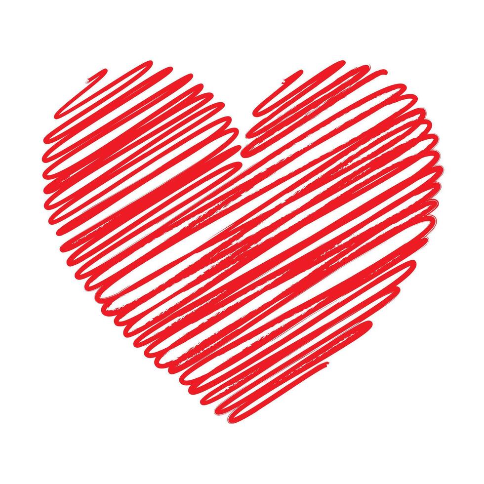 Red heart scribble with lines texture on white background. vector