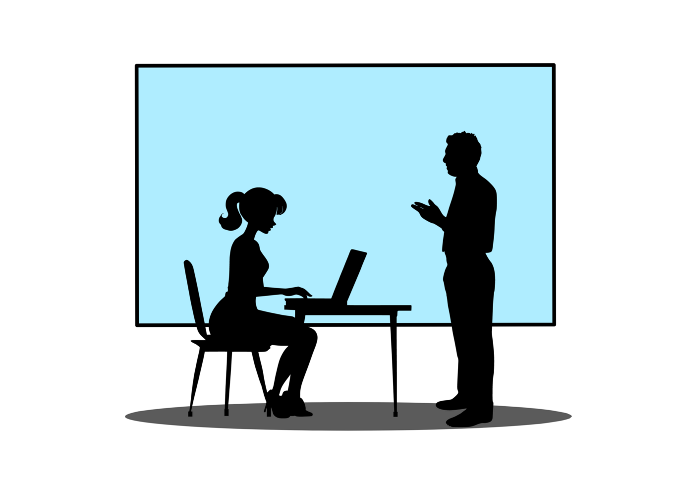 silhouette of a man and woman sitting at a table with a laptop png