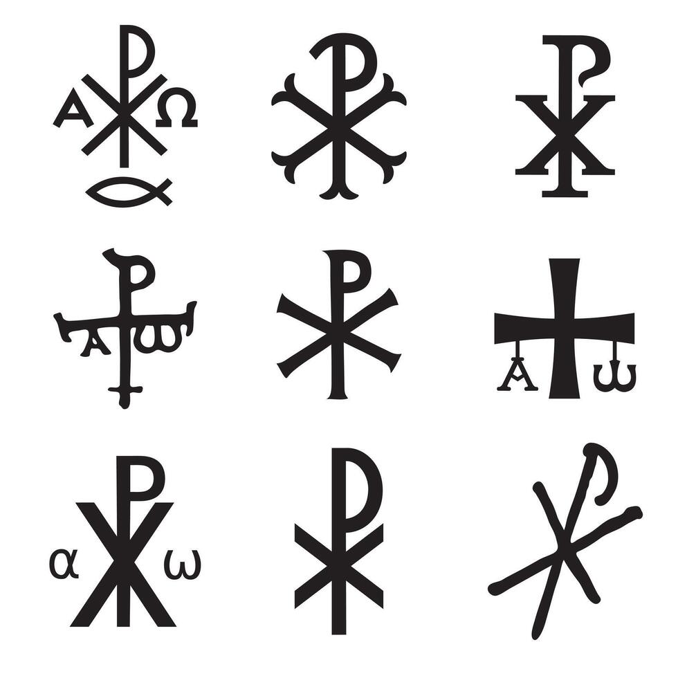 Christian symbols icons set. Glossy Chi Rho, Christogram, Chrismon, Labarum symbols set. vector