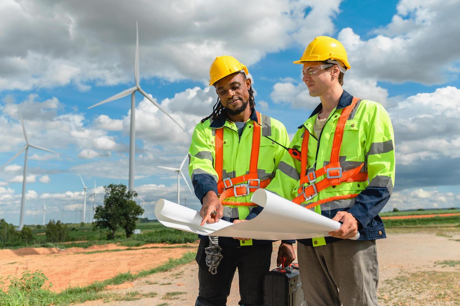 Two men in yellow vests are standing in a field, looking at a piece of paper photo