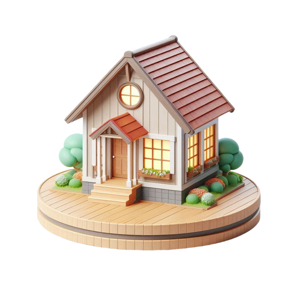 a small 3d house on a platform with a tree and bushes png