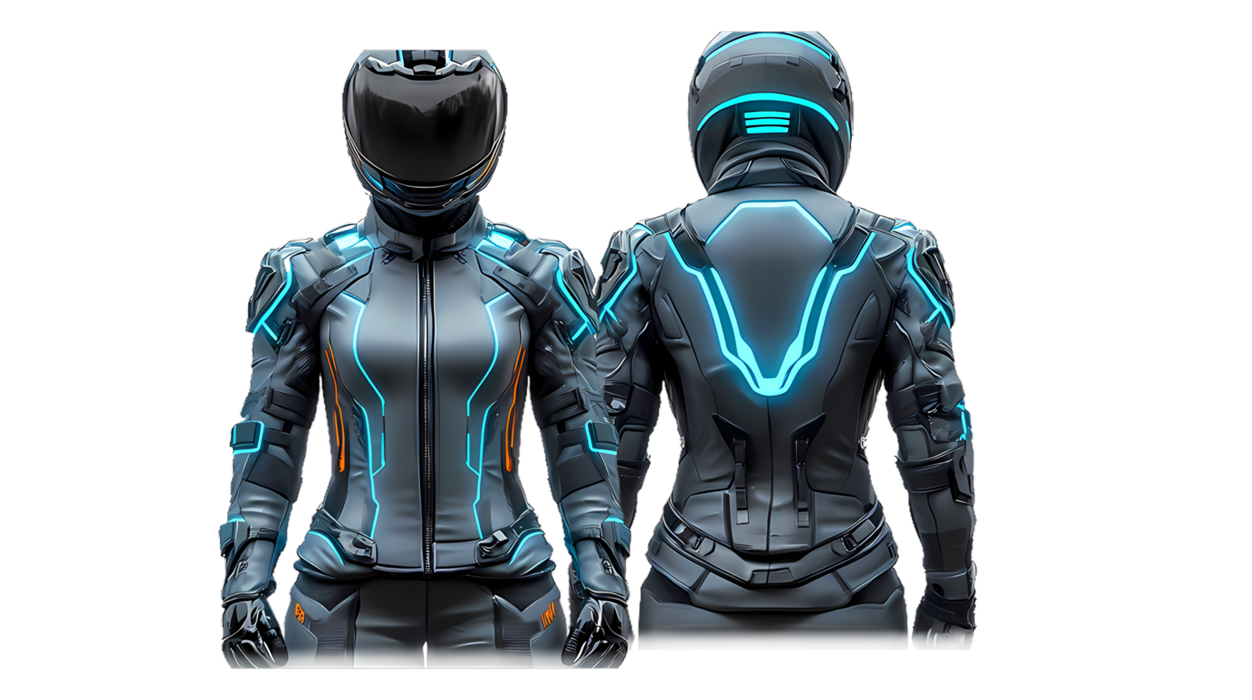 two futuristic suits, one with blue lights and the other with black lights png