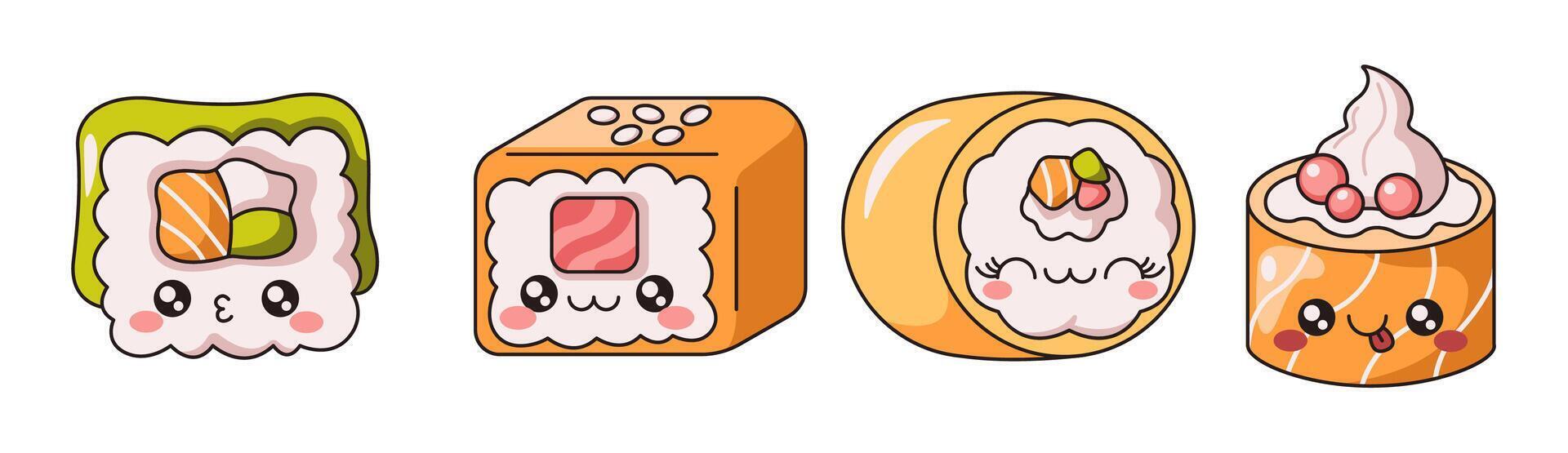 Kawaii tasty sushi and rolls flat color illustration set. Kawaii Japanese snacks with faces characters on white collection vector