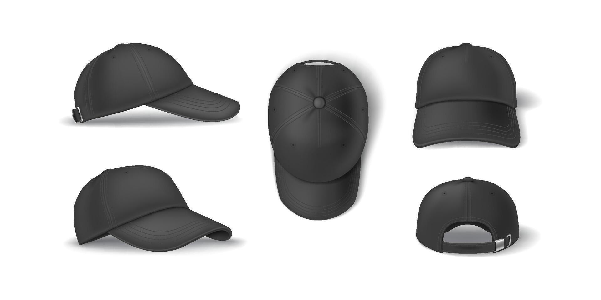 Casual dark baseball cap mockup format reasonable outline set. Head clothing with brand layout 3d models on white foundation vector