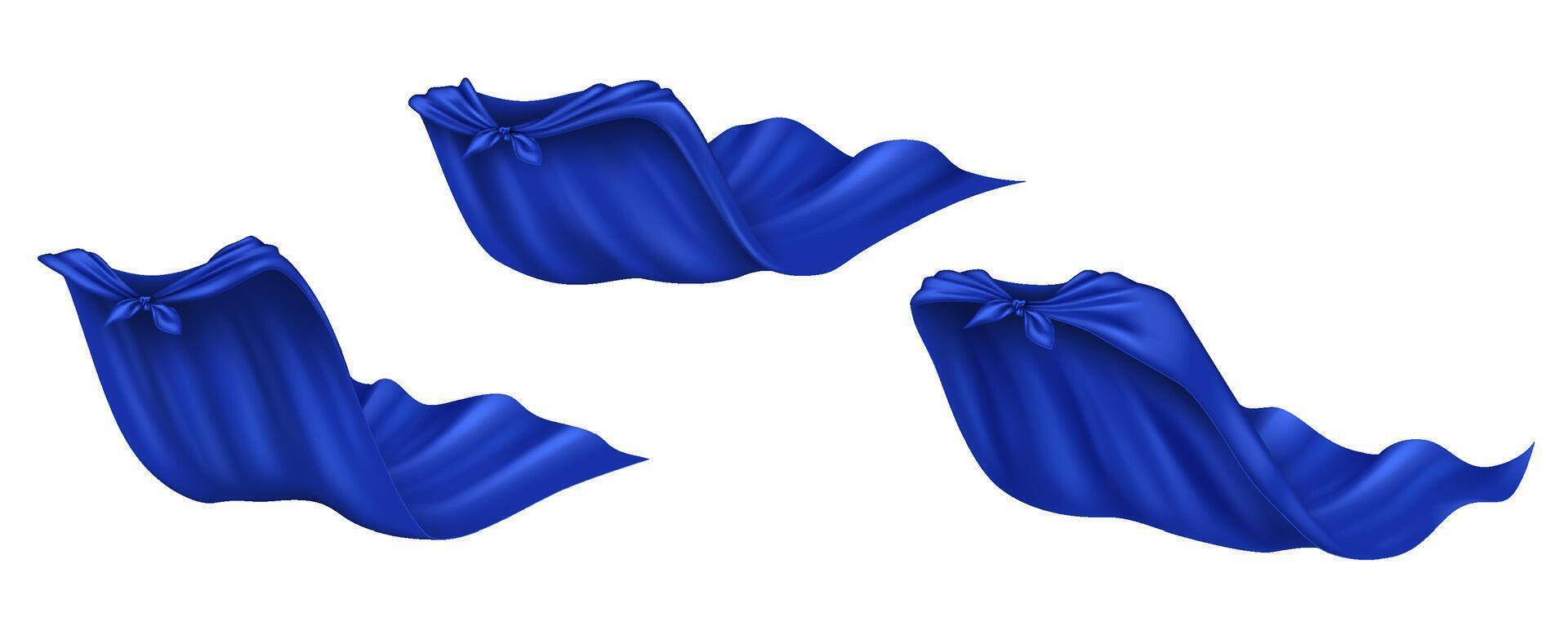 Hero blue silk cloaks realistic illustration set. Powerful superhero capes waving in wind 3d models bundle on white background vector