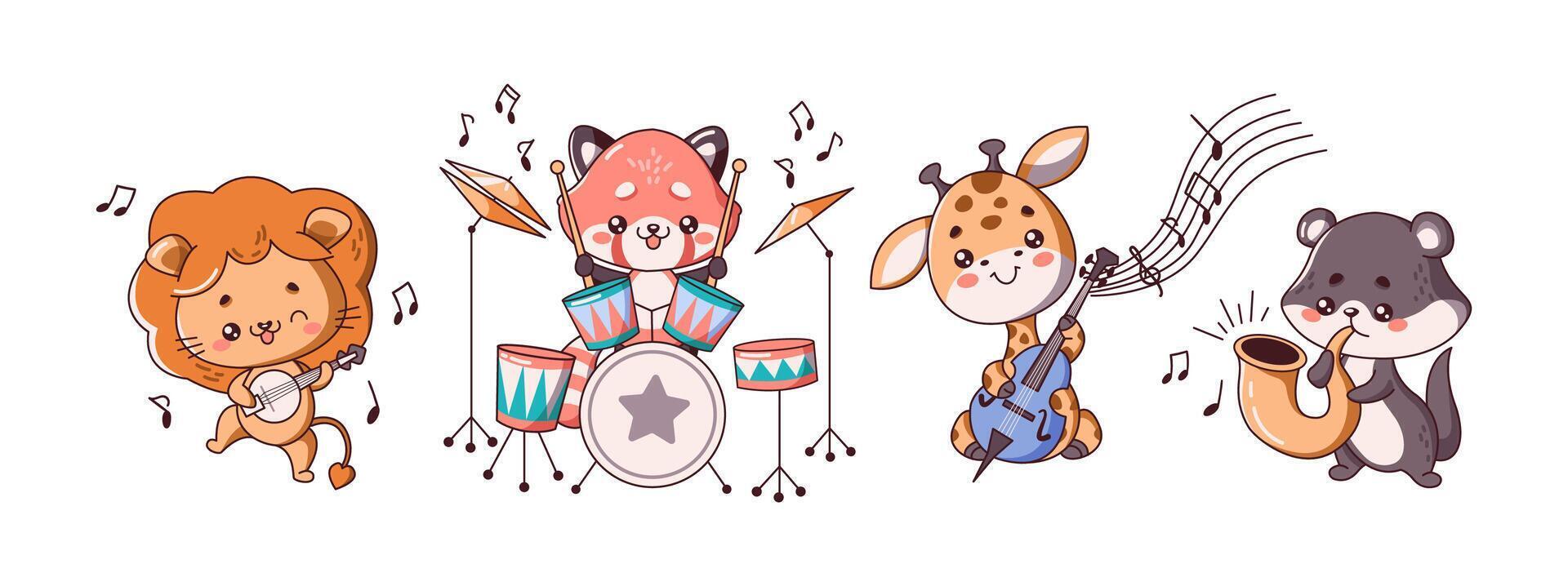 Kawaii animals playing musical instruments flat color style set. Cute and funny characters in various performance scenes on white background vector