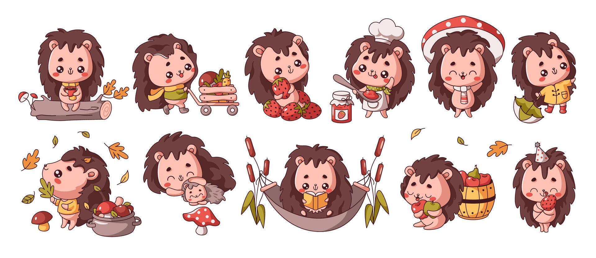 Little Kawaii hedgehogs interesting activities flat color illustration set. Adorable wild animals in various situations icons on white collection vector