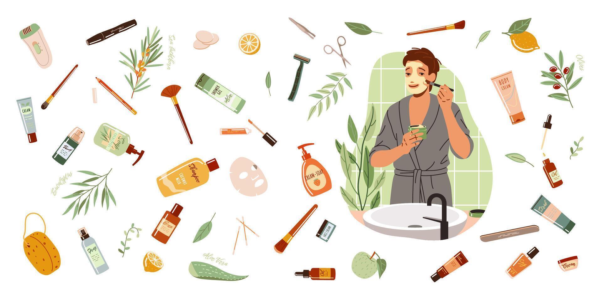 Man applying facial mask among cosmetic products pattern flat color illustration. Grooming procedures cartoon composition on white vector