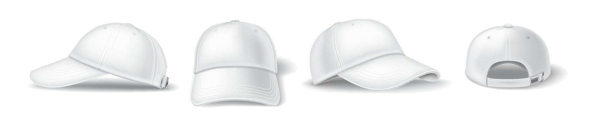 Symbol baseball cap different viewpoints reasonable outline set. Cap clothing adornments with mockup 3d models on white foundation vector