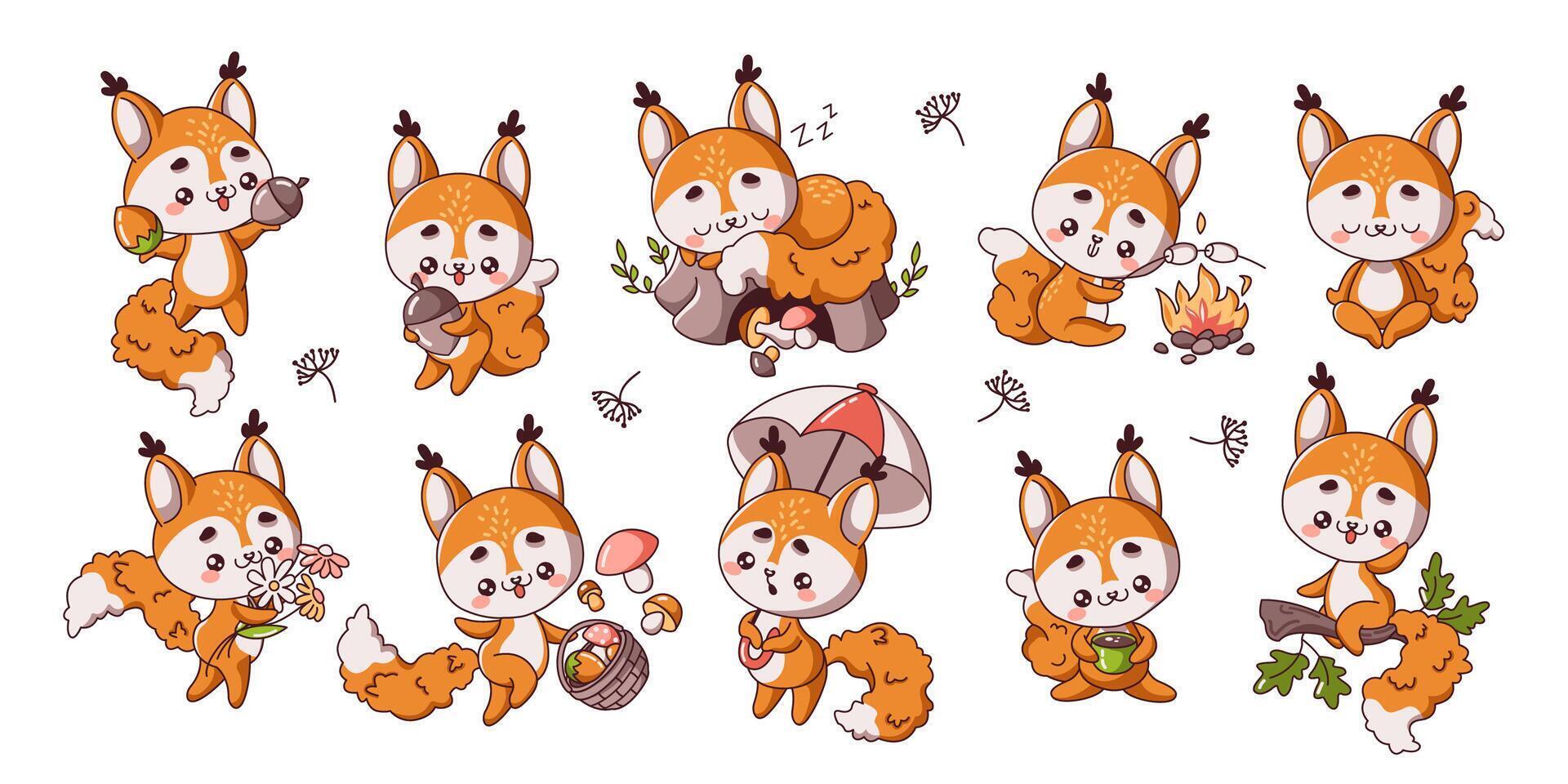 Cute little squirrels having fun flat color illustration set. Kawaii wild rodent in various situations icons on white collection vector