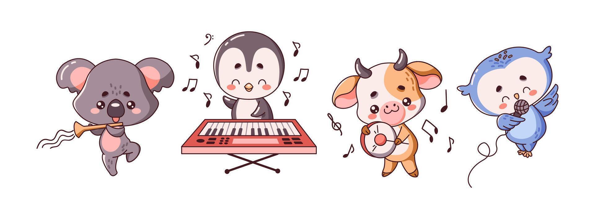 Animals during musical performances flat color illustrations set. Kawaii adorable musician characters with instrument on white background vector
