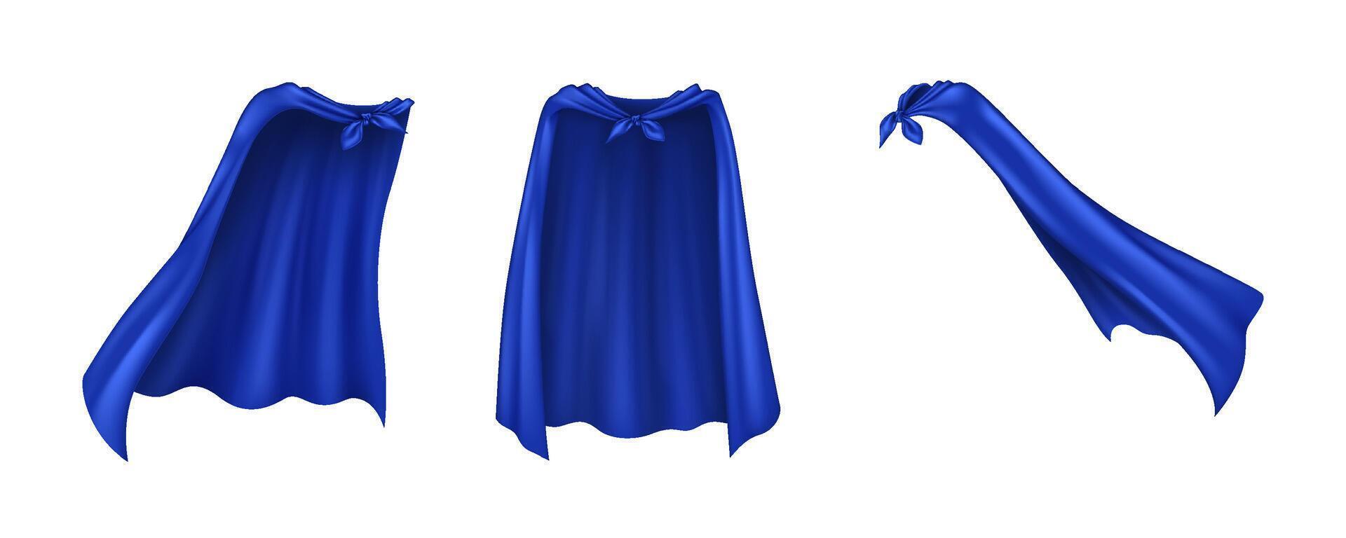 Saint blue silk cloaks reasonable illustration set. Capable superhero capes waving in wind 3d models bundle on white foundation vector