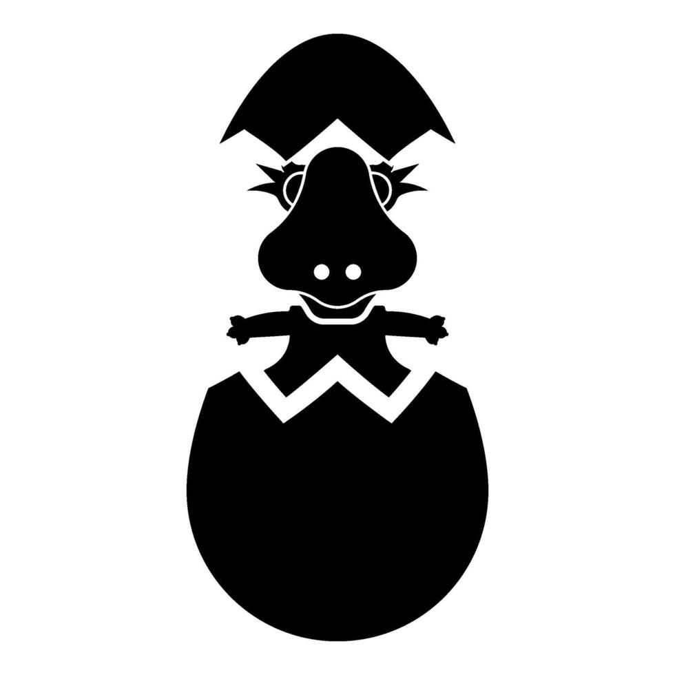 Dinosaur cute dino baby pretty hatch from egg cracked eggshell icon black color illustration image flat style vector