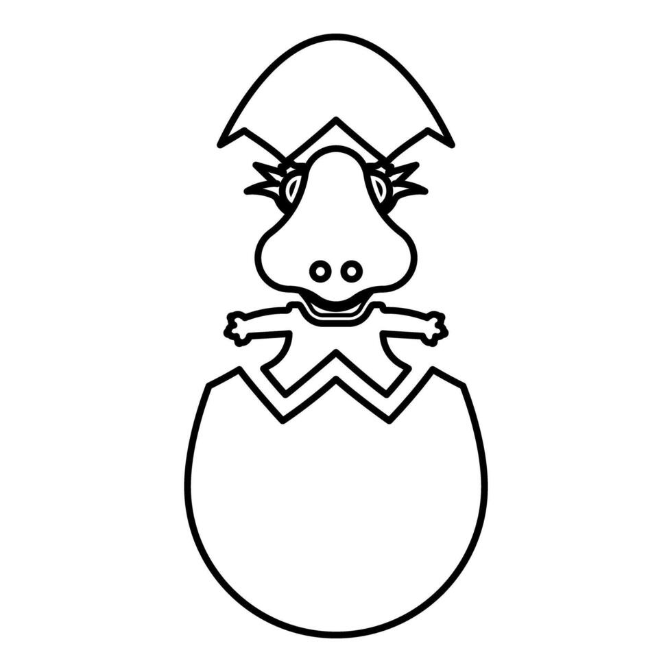 Dinosaur cute dino baby pretty hatch from egg cracked eggshell contour outline line icon black color illustration image thin flat style vector