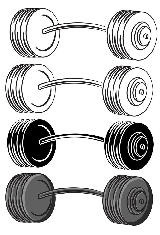 Cartoon style Weight training barbell bodybuilding equipment in black on white, white on black and colour on a white background vector