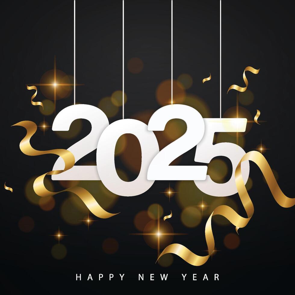 New Year 2025 celebration background with golden ribbons and confetti vector