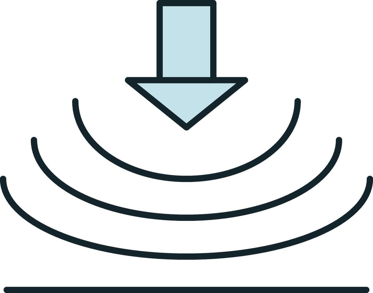 Blue arrow pointing down generating sound waves spreading from a source vector