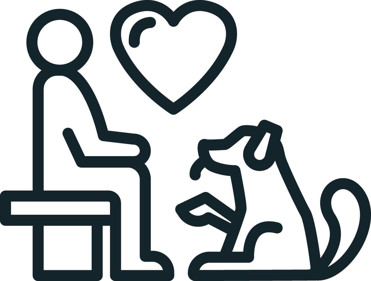 Man sitting on bench petting dog with love heart symbol minimal line art icon vector