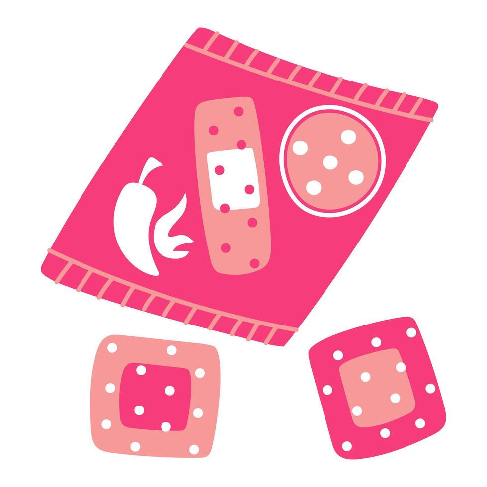 set of colored flat patch with pepper for warming up in case of a cold. Pink packaging with a breathable surface. An insulating strip from the flu. packaging is made of warm fabric squares. Hot pepper vector