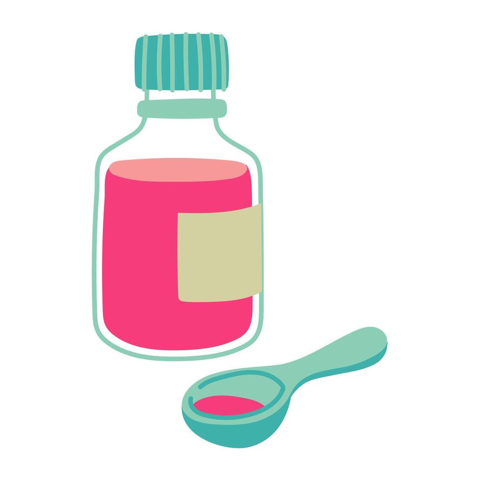 A glass bottle with cough syrup poured into a spoon, a medical drug, throat treatment. Liquid in a container to relieve sore throat. Pink and blue flat illustration isolated on white. Cold treatment vector