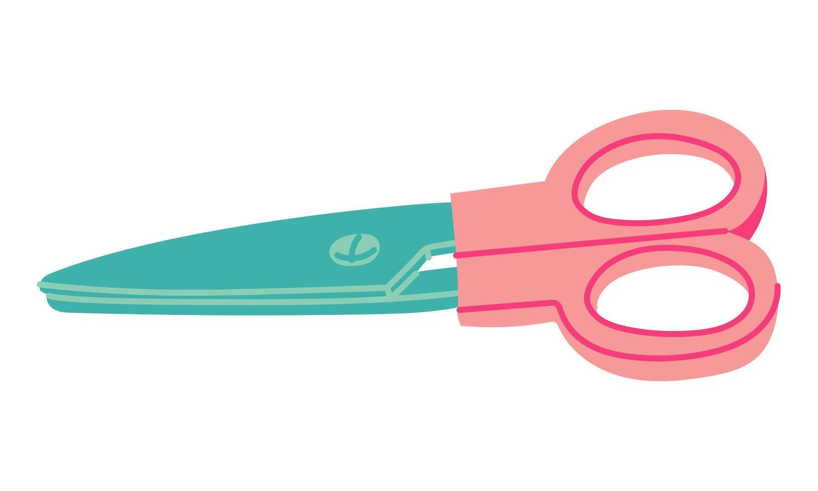 Isolated illustration of closed scissors. Flat pink handle and blue blade scissors sideways, for haircuts. The sign of children's bright scissors. A illustration drawn by hand. Lines vector