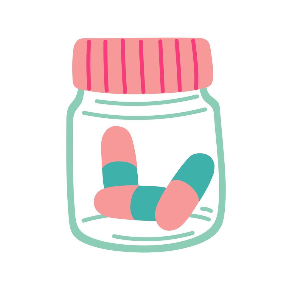 glass jar with pills, pills with a closed lid. Metered-dose medications. Tablets, capsules, glass vials. Medicines for colds, diseases, dietary supplements, vitamins. Illustration flat object isolated vector