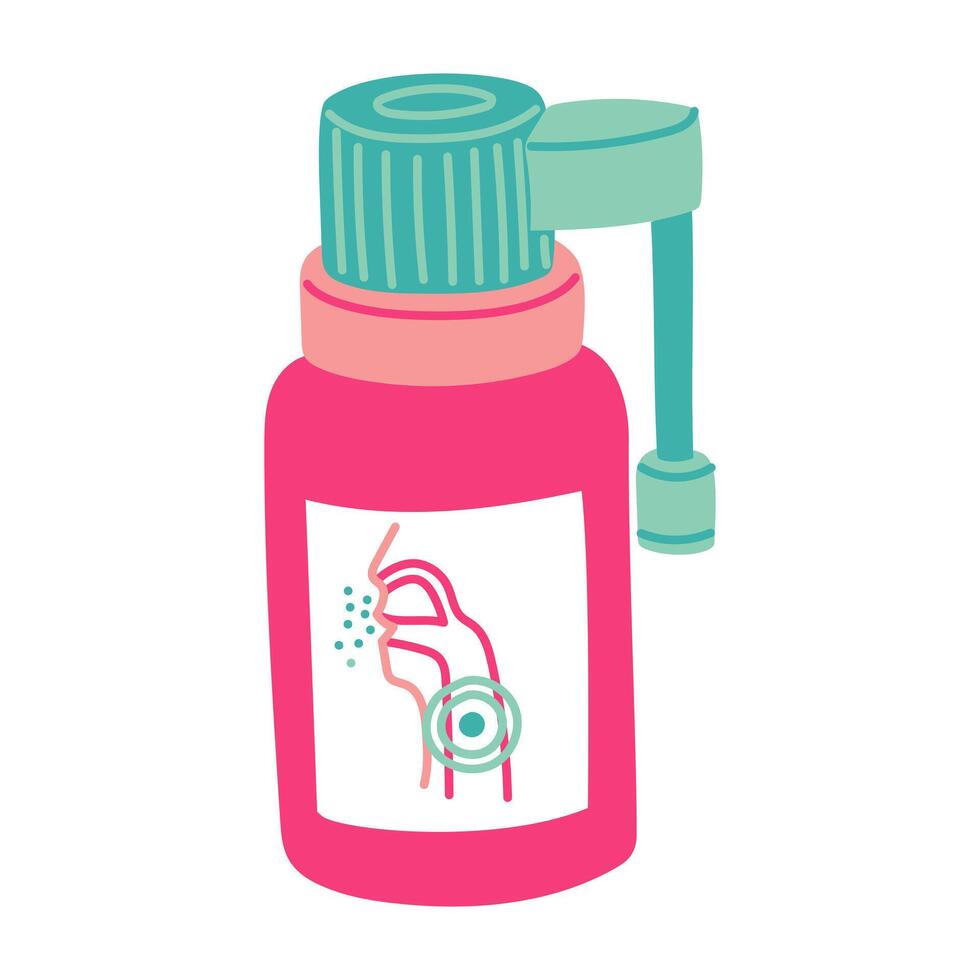 Sore throat spray, flat color illustration of the medicine. A closed canister with a tube for spraying into the throat. A medicine for sore throat, for the treatment of colds. With the first diseases vector