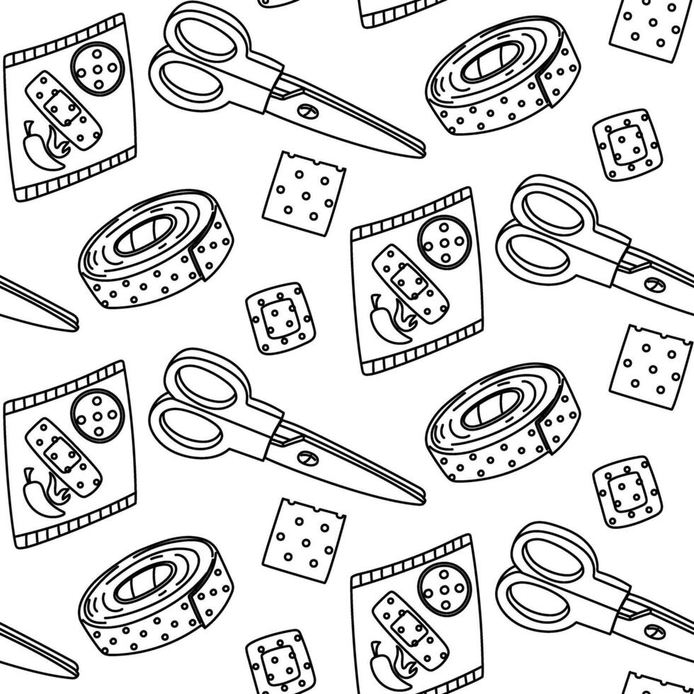 The pattern of contour patches is a roll, a piece, a pack of adhesive tape, scissors. Elements with a breathable surface. Seamless texture to cover scratches. A strip of fabric is cut with scissors vector