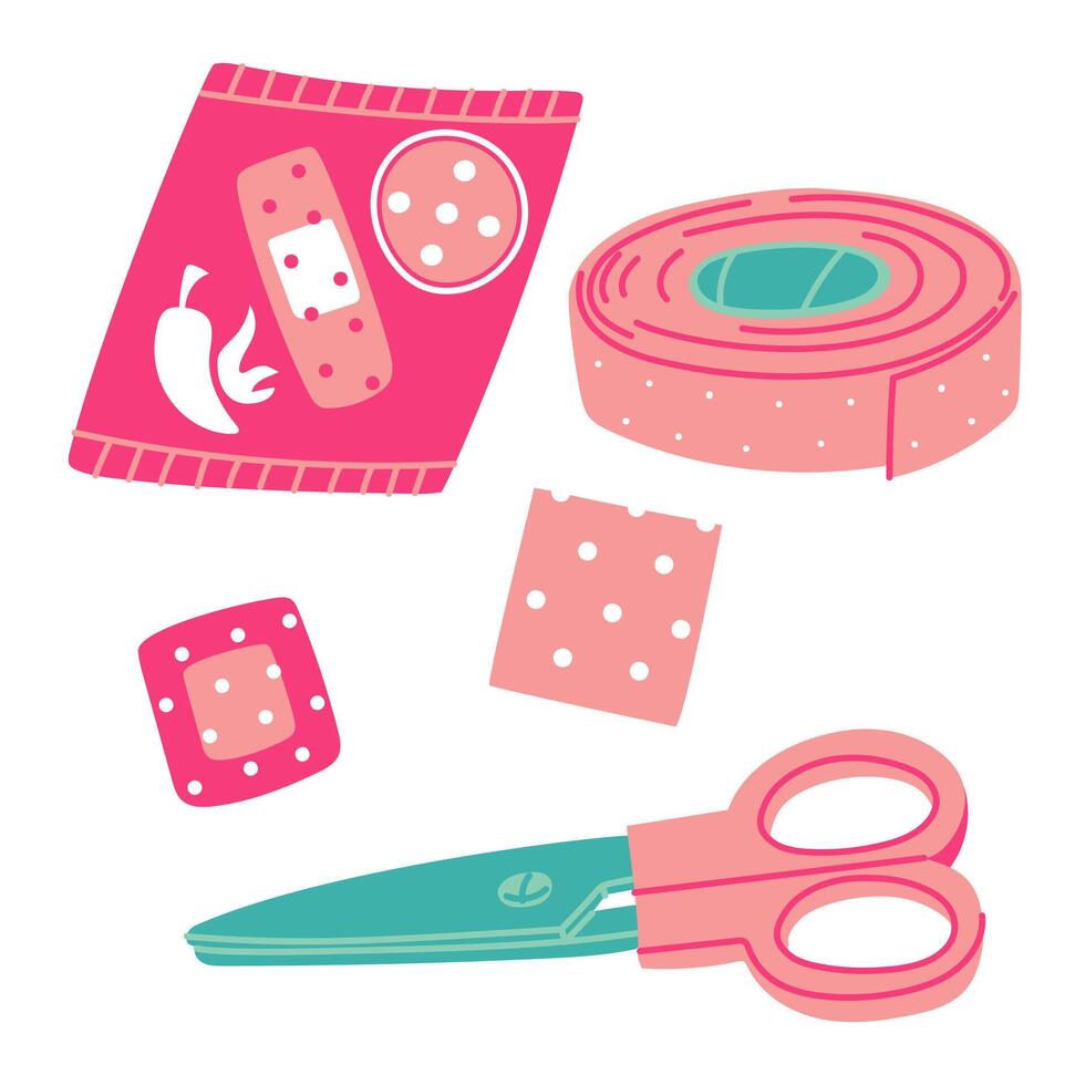 Set of colored flat patches, a roll, piece, a pack of adhesive tape, scissors. Pink, blue elements with a breathable surface. insulating strip to cover scratches. Strip of fabric is cut with scissors vector