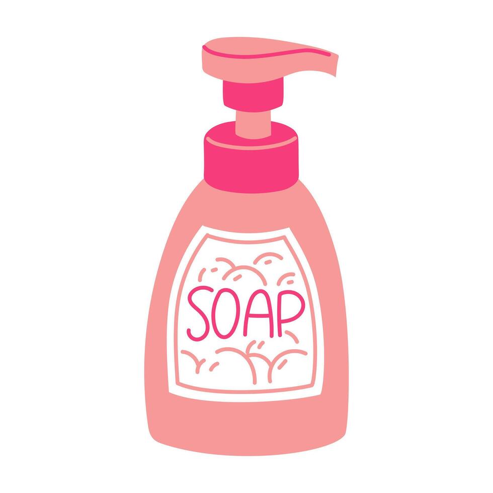 flat bottle with a liquid soap dispenser. illustrations depict soap in a plastic jar. Cleansing against bacteria, germs. Skin care. Pink bottle with washing liquid. Foam pattern on the bottle vector
