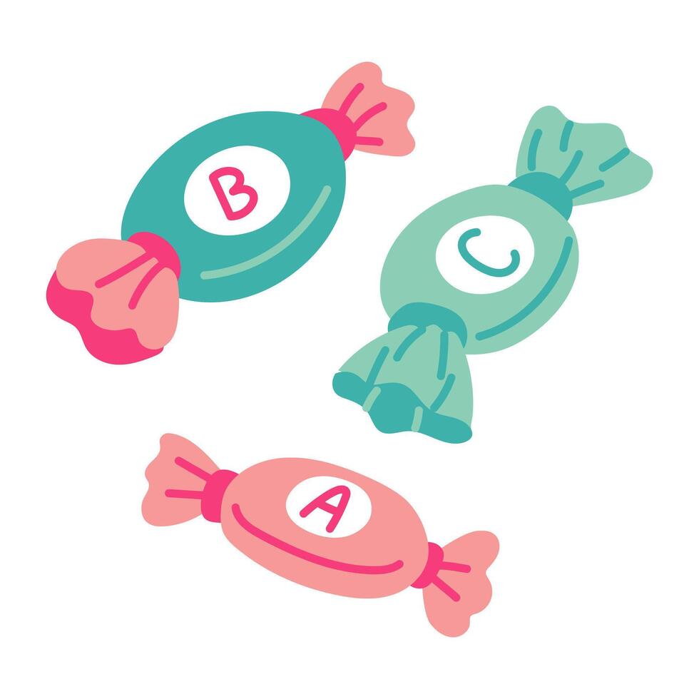set of vitamin candy candies in a package. Sucking candies with various vitamin flavors A,B,C, a set of flat illustrations in a group. A collection of sweets to relieve illness, colds, viruses vector