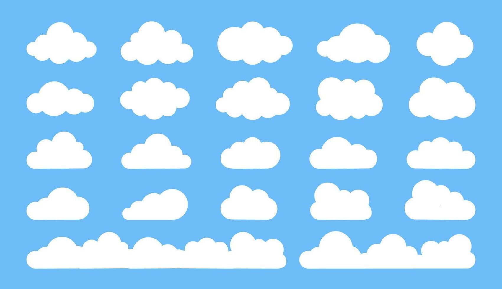 Flat cloud. Simple cloudy shapes. Cartoon white puffy, fluffy and cumulus clouds in blue sky. Abstract comic weather elements. Objects cloudscape for game. collection vector