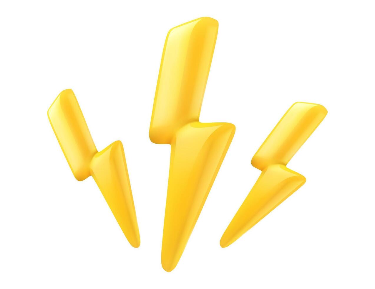 3d lightning. Yellow 3 thunderbolts with glossy reflection icon. Render of lightning hit, electric strikes, flash of thunderbolt. Isolated cartoon illustration vector