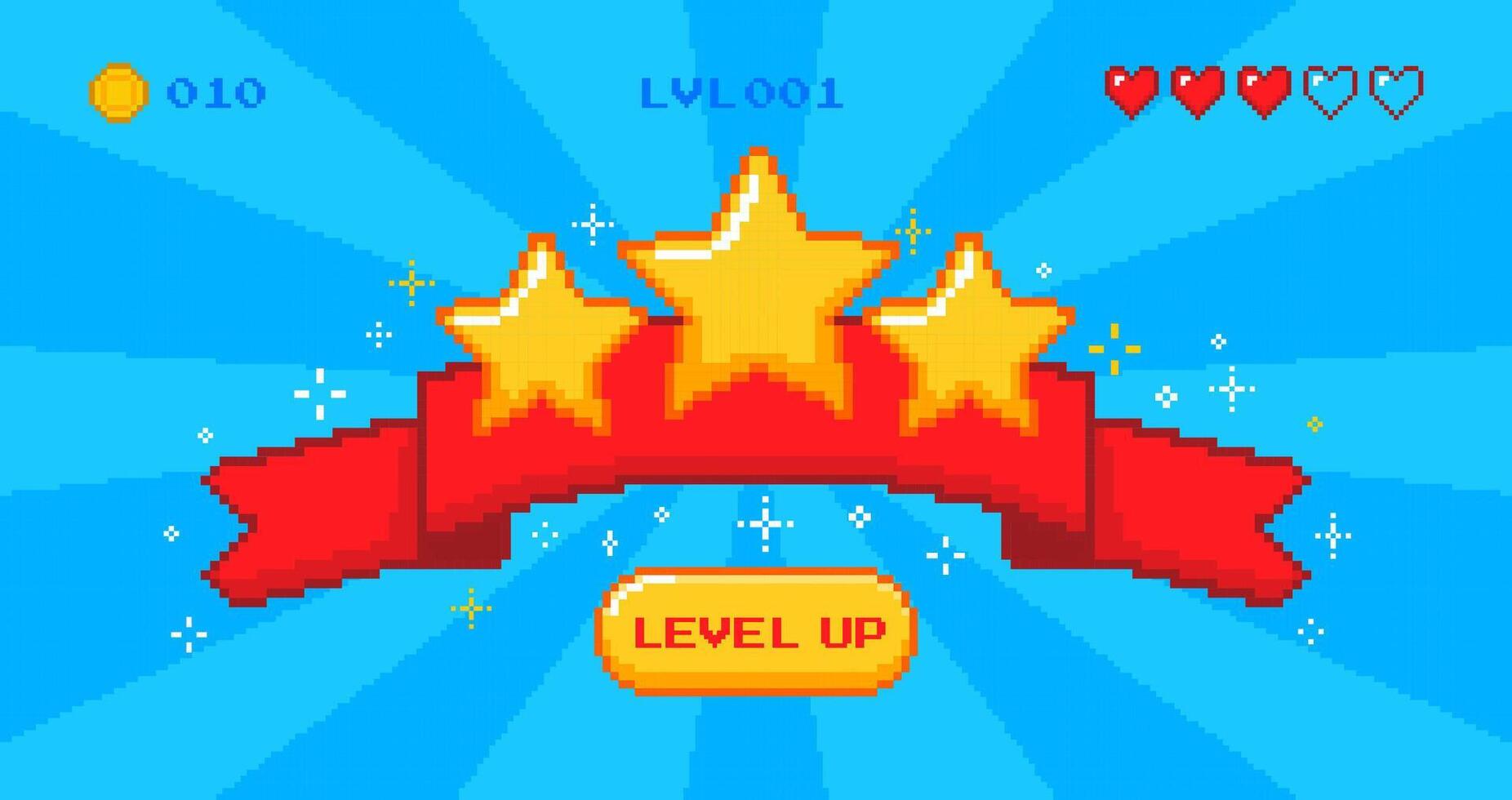 Pixel level up screen. Retro 8 bit games achievement. Level up badge for arcade win computer game. Banner with stars, ribbon, hearts and level progress. concept vector