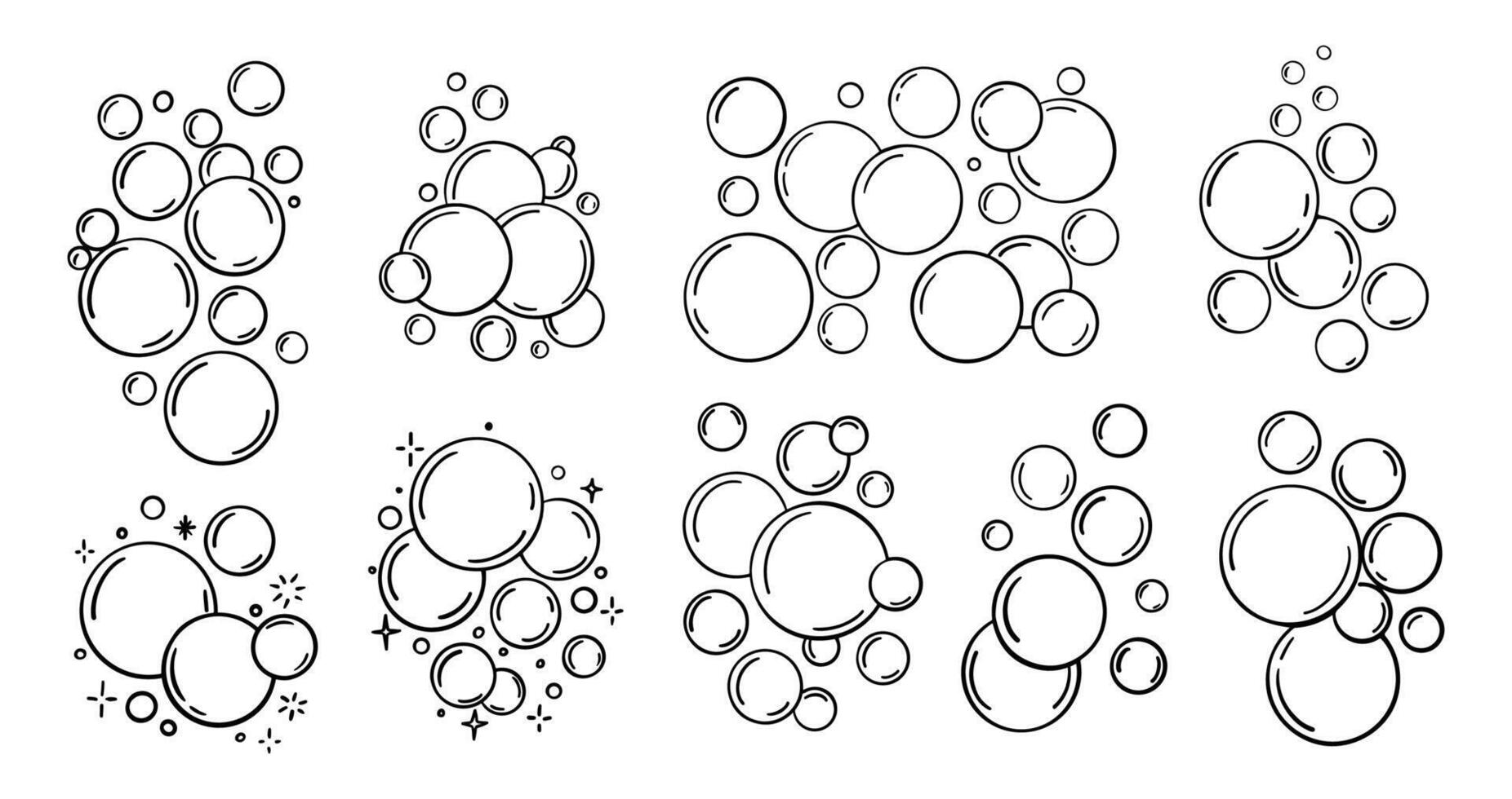 Doodle soap bubble. Sketch water round bubbles. Line soap foam, water drop. Hand drawn outlines bubbly signs. Fizzy clean bubble icons. outline bathroom airy shapes vector