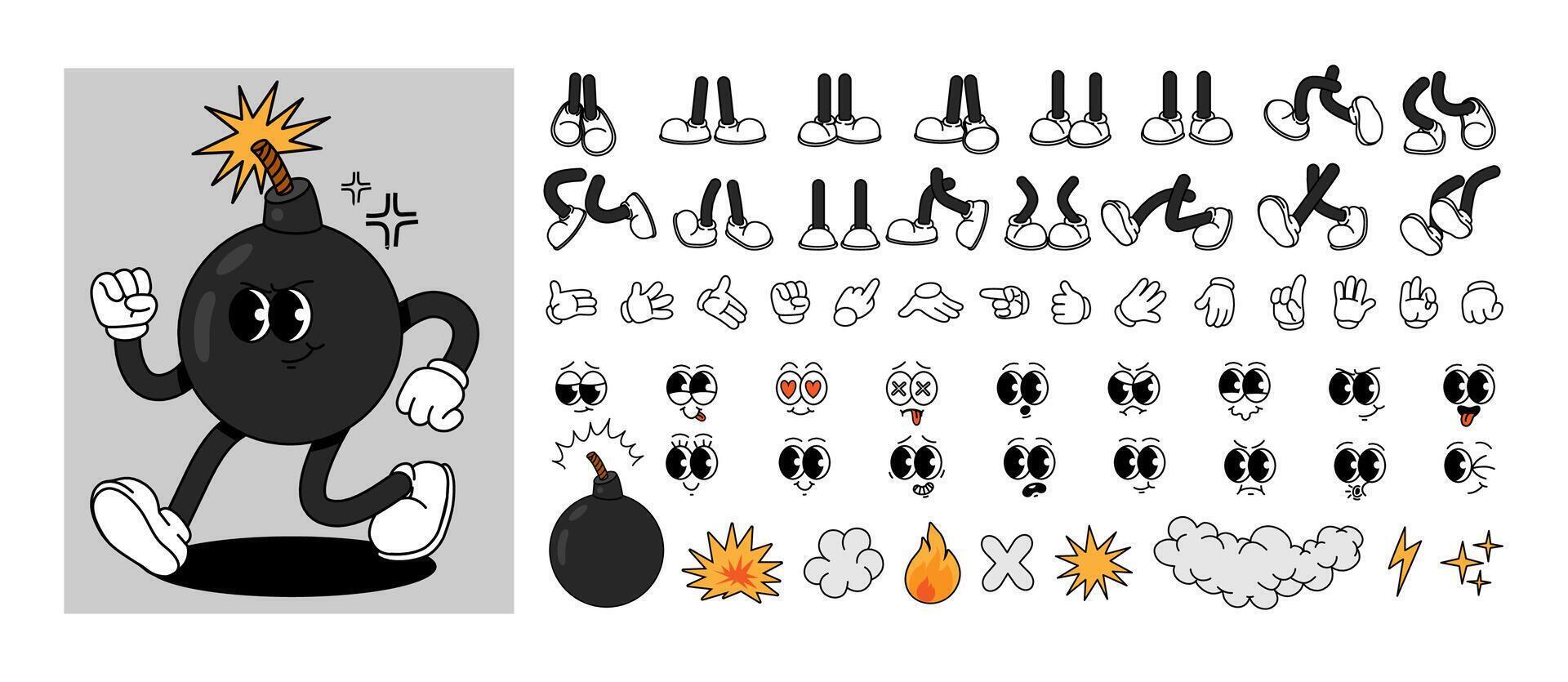 Character bomb. Cartoon retro bombs mascot with expression faces, legs and hands. Explosive decorative elements, smoke, spark, fire for game design. Constructor set vector