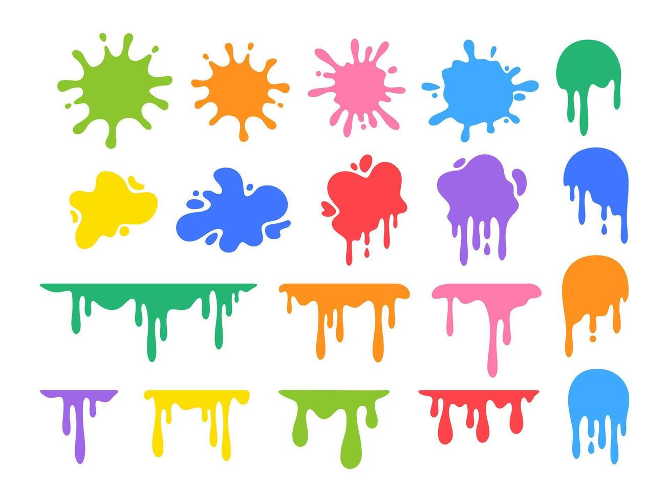 Abstract colorful paint splatters. Cartoon ink stain and splash. Paint splashes in various colors. Artistic blotch, spots silhouette dripping down in textured streaks. set vector