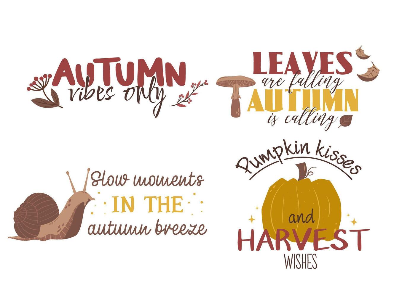Autumn set of lettering slogans for fall season. Autumn phrases with cute and cozy design elements. Fall lettering collection in warm shades of green red and yellow isolated on white vector