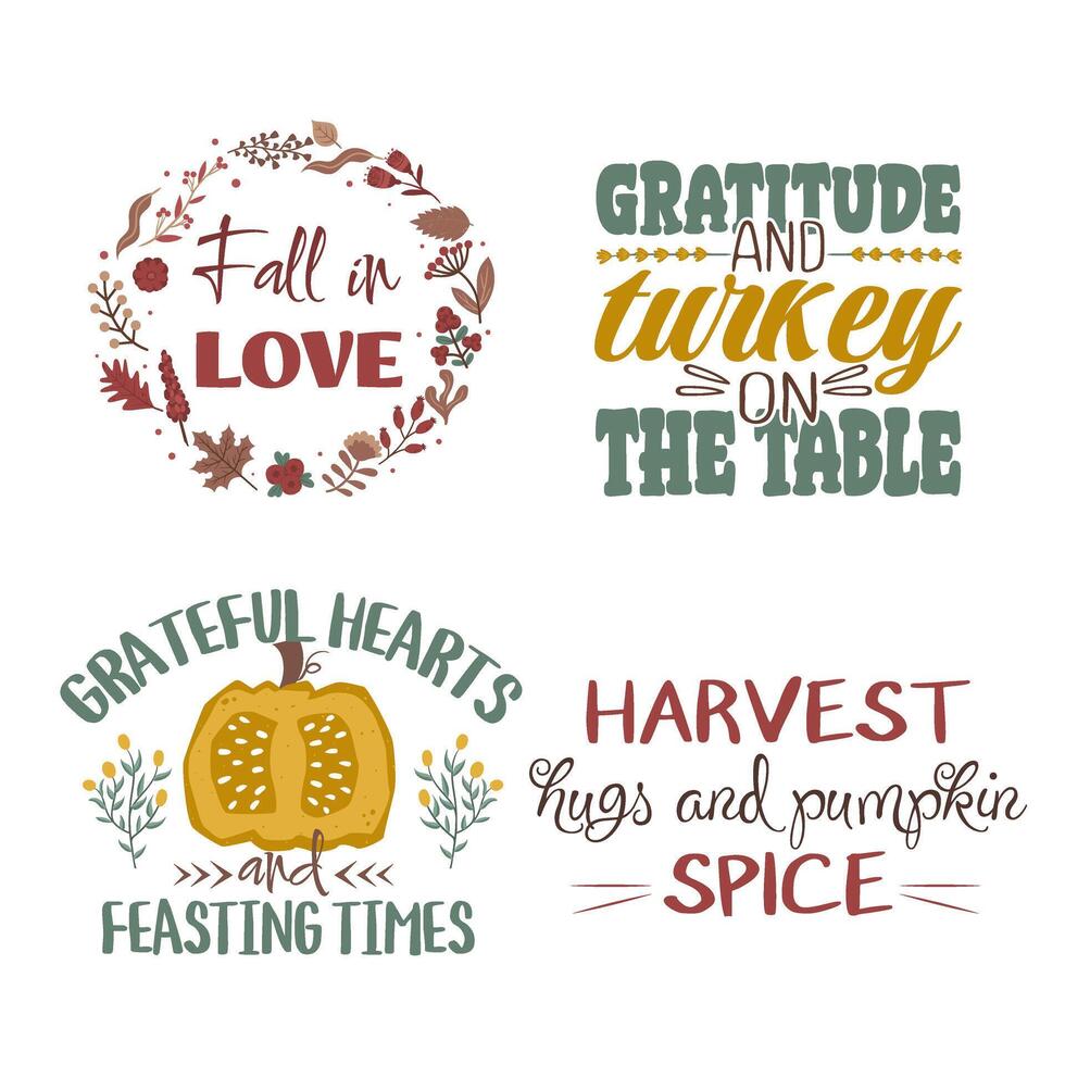 Autumn set of lettering slogans for fall season. Autumn phrases with cute and cozy design elements. Fall lettering collection in warm shades of green red and yellow isolated on white vector