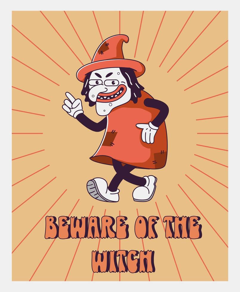 Trendy Groovy retro 70s Halloween posters with Gloved evil witch and inscription beware of the witch. Funky old vintage cartoon characters and elements. vector