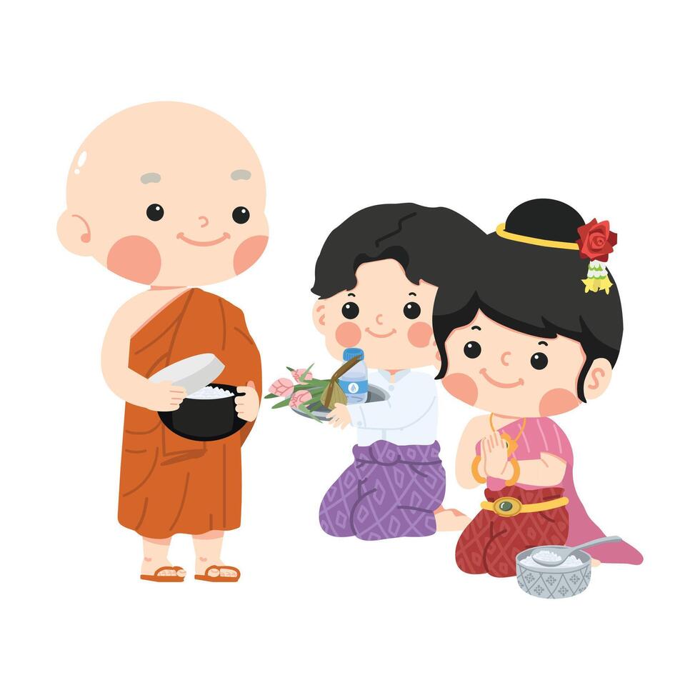 Buddhist monk receive food offering from couple vector