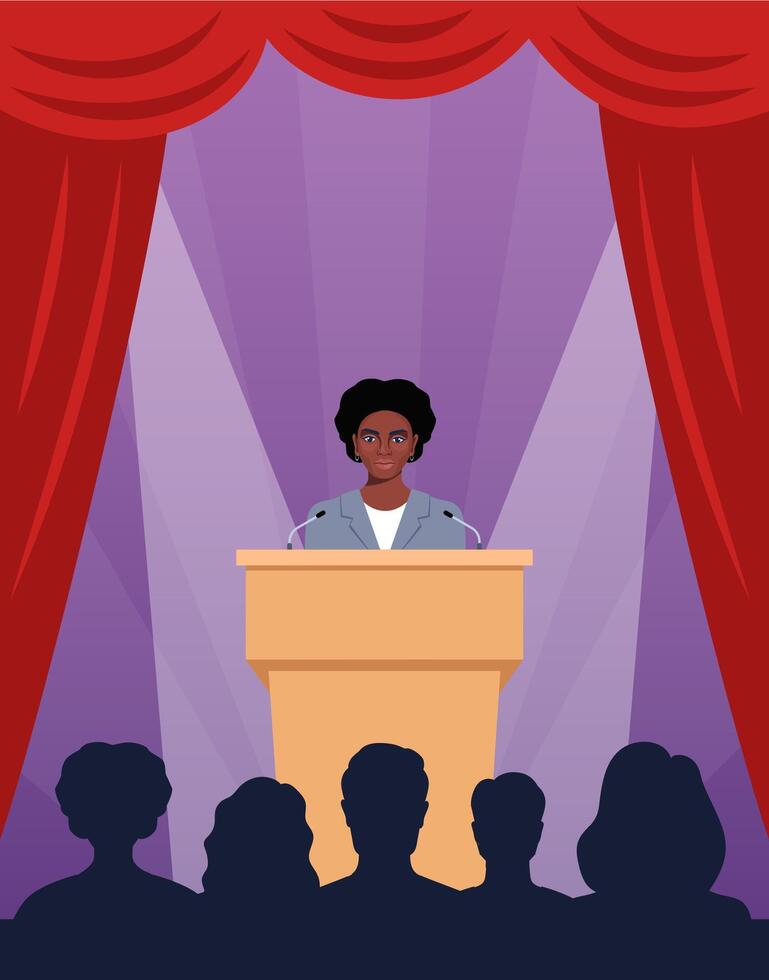 Confident black woman behind podium during stage speech. Speaker talking in front of the audience. Public speaking. Spokeswoman before crowd of people. illustration. vector