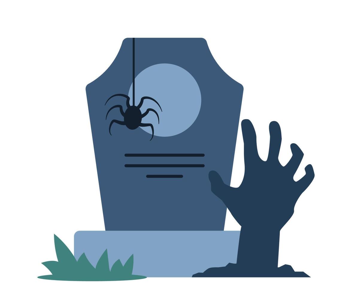 Halloween grave and hand sticking out of grave. Old gravestone with cracks. tomb on white background. Granite plate with fissure. illustration. vector
