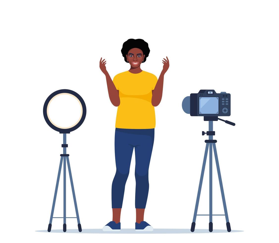 Blogger communicates in live stream with followers. Woman records standing in front of the camera. Influencer creating for a blog. illustration. vector