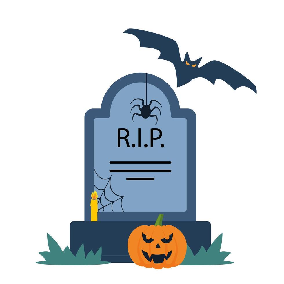 Halloween grave, bat, pumpkin. Old gravestone with cracks. tomb on white background. Granite plate with fissure. illustration. vector